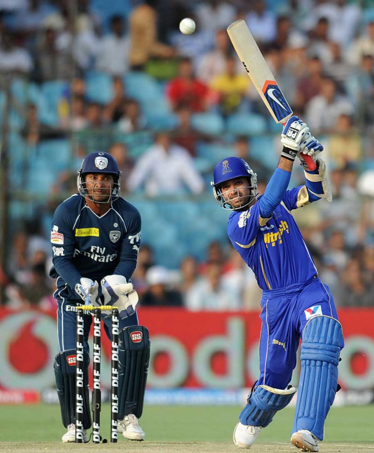 Ajinkya Rahane smashes one over mid-off, Rajasthan Royals v Deccan Chargers, IPL 2012, Jaipur, April 17, 2012