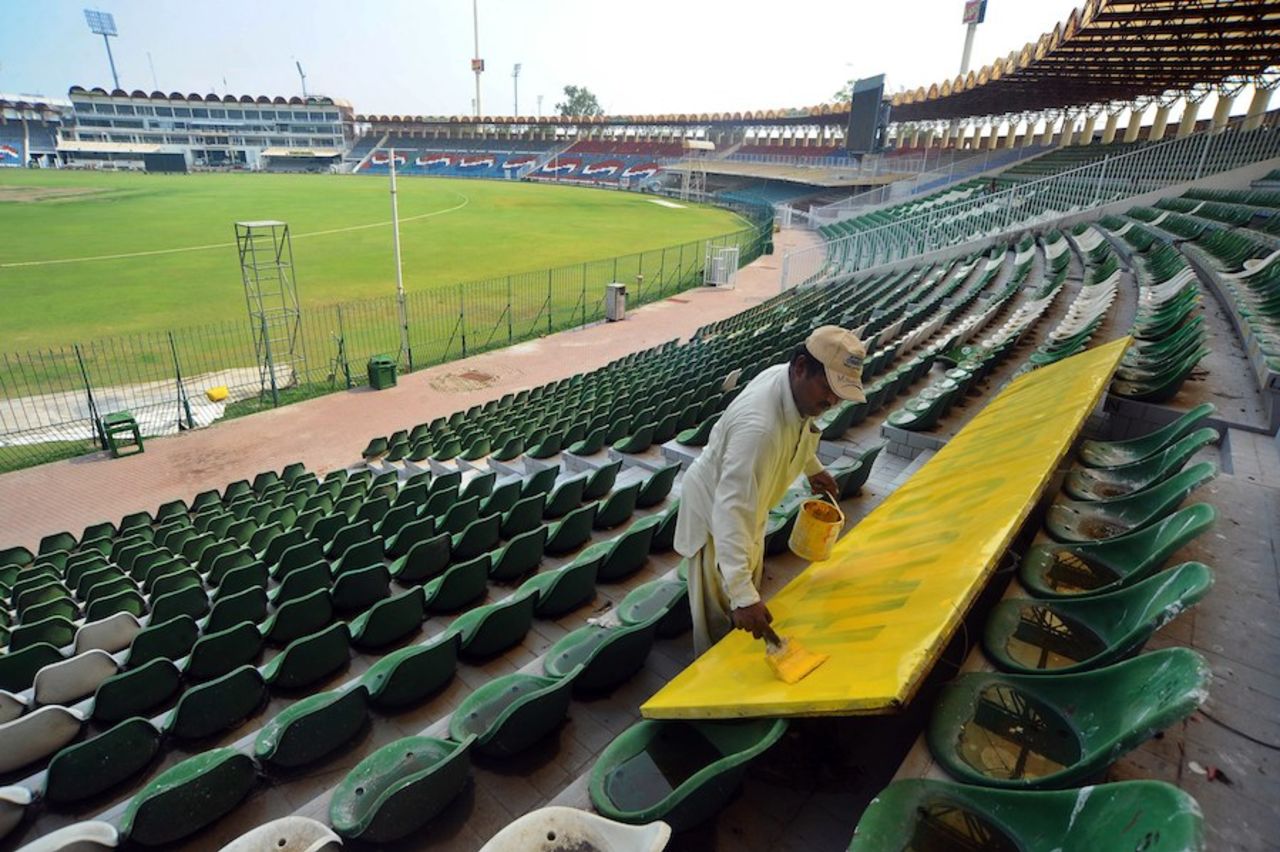 Work goes on at the Gaddafi Stadium, in preparation for Bangladesh's visit, Lahore, April 17, 2012