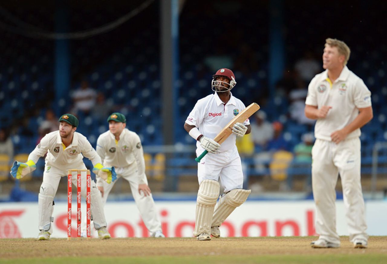 David Warner watches a delivery sail for six, West Indies v Australia, 2nd Test, Port-of-Spain, April 17, 2012