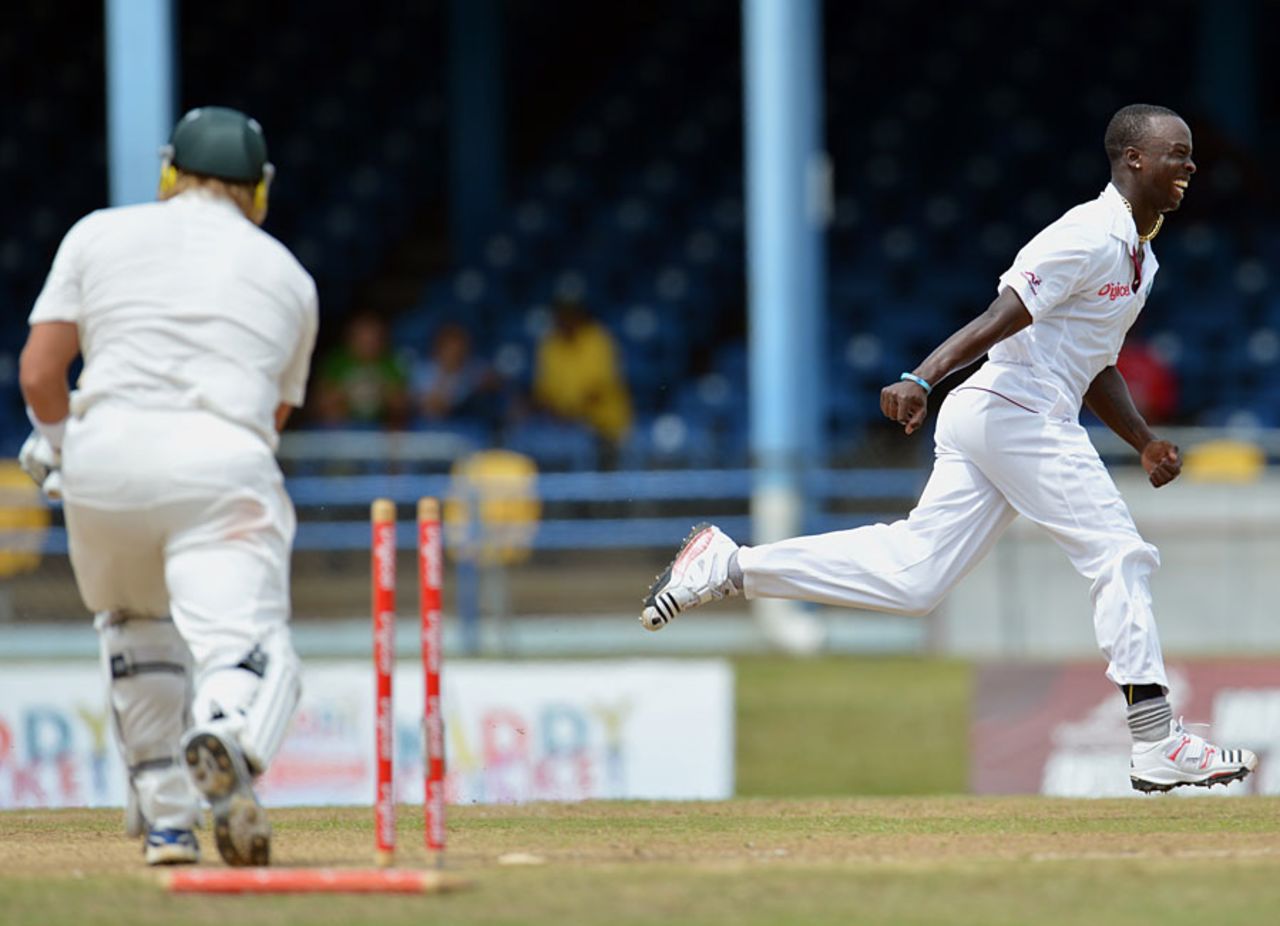 Kemar Roach uprooted Shane Watson's off stump, West Indies v Australia, 2nd Test, Port-of-Spain, April 18, 2012