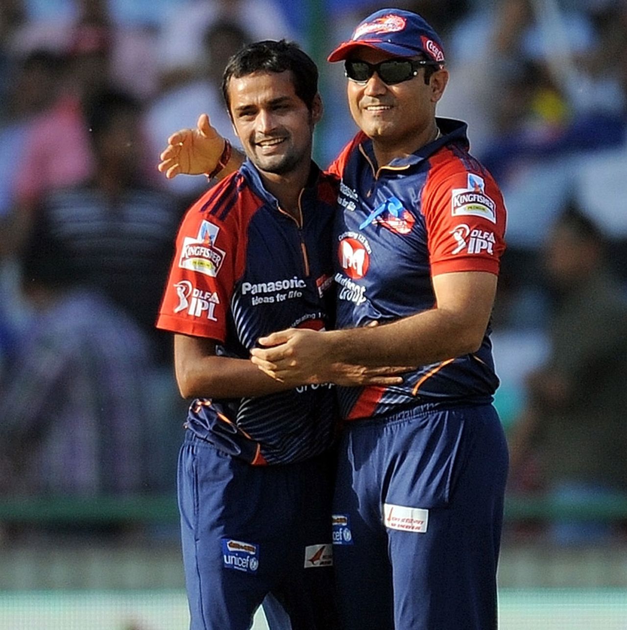 Shahbaz Nadeem celebrates a wicket with Virender Sehwag, Delhi Daredevils v Deccan Chargers, IPL, Delhi, April 19, 2012