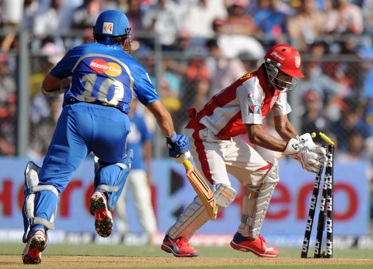 Sachin Tendulkar falls short of his crease, Mumbai Indians v Kings XI Punjab, IPL, Mumbai, April 22, 2012