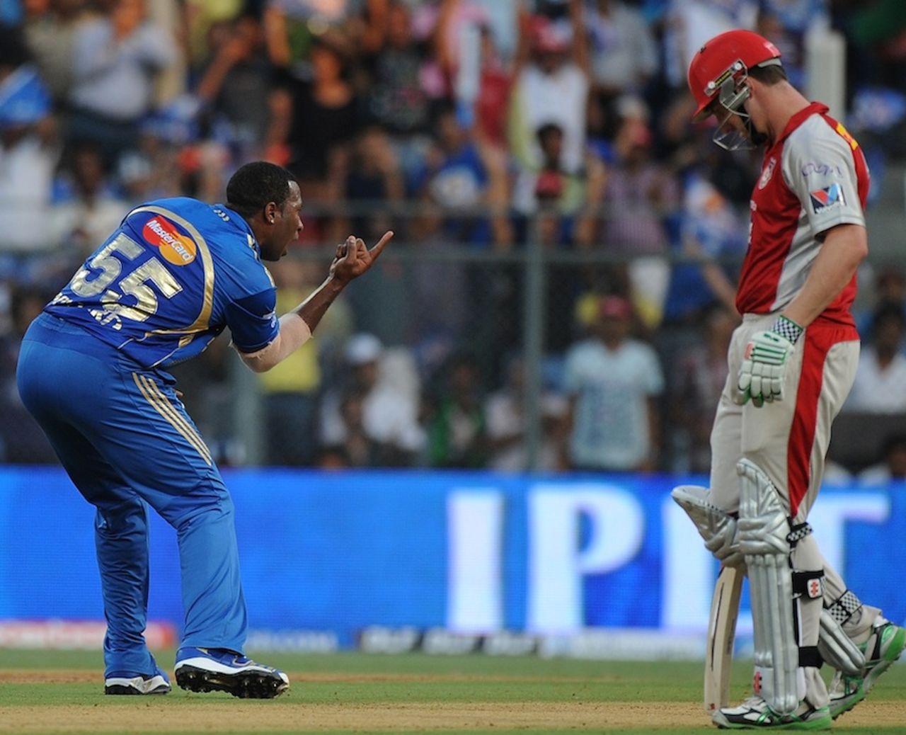 Kieron Pollard celebrates a wicket, Mumbai Indians v Kings XI Punjab, IPL, Mumbai, April 22, 2012