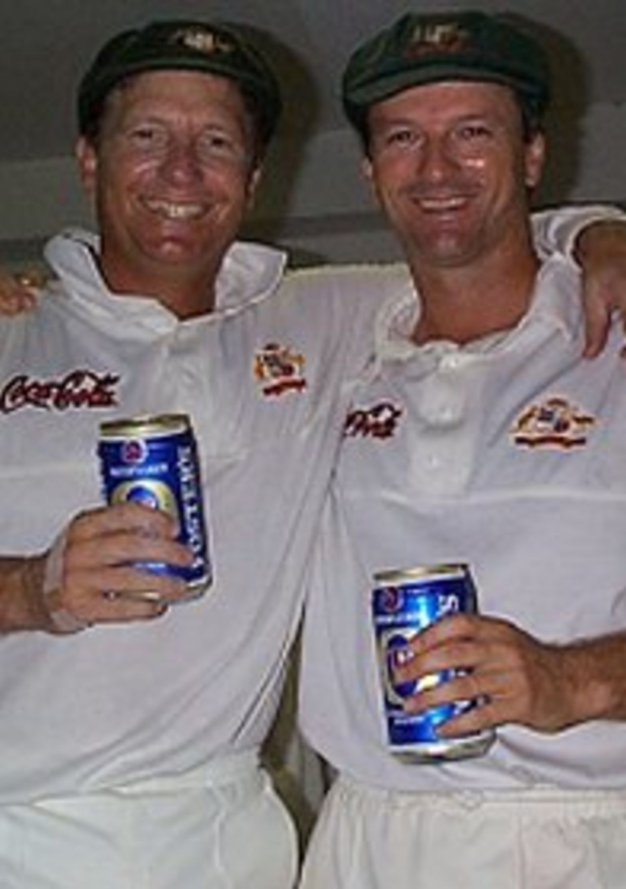 Ian Healy and Steve Waugh celebrate after winning the fourth test agaist the West Indies to retain the Frank Worrell Trophy. April 7, 1999