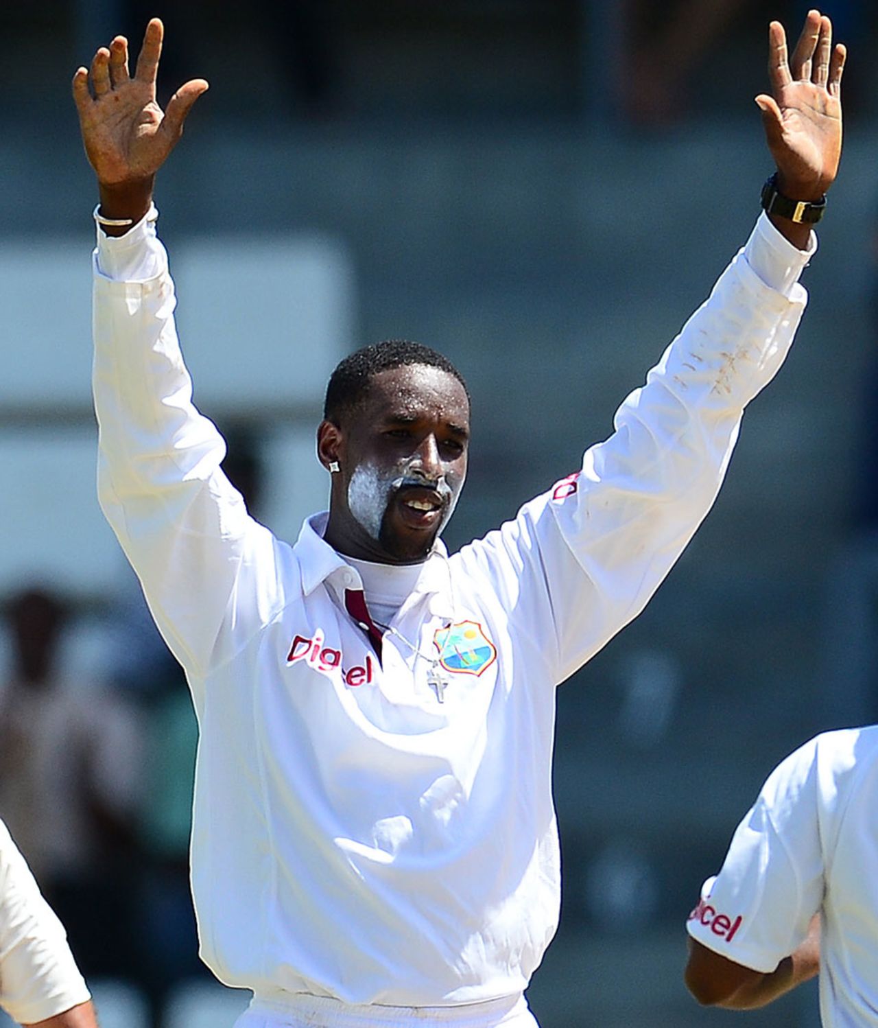 Shane Shillingford celebrates becoming the first Dominican to take a wicket in a home Test match, West Indies v Australia, 3rd Test, Roseau, 1st day, April 23, 2012