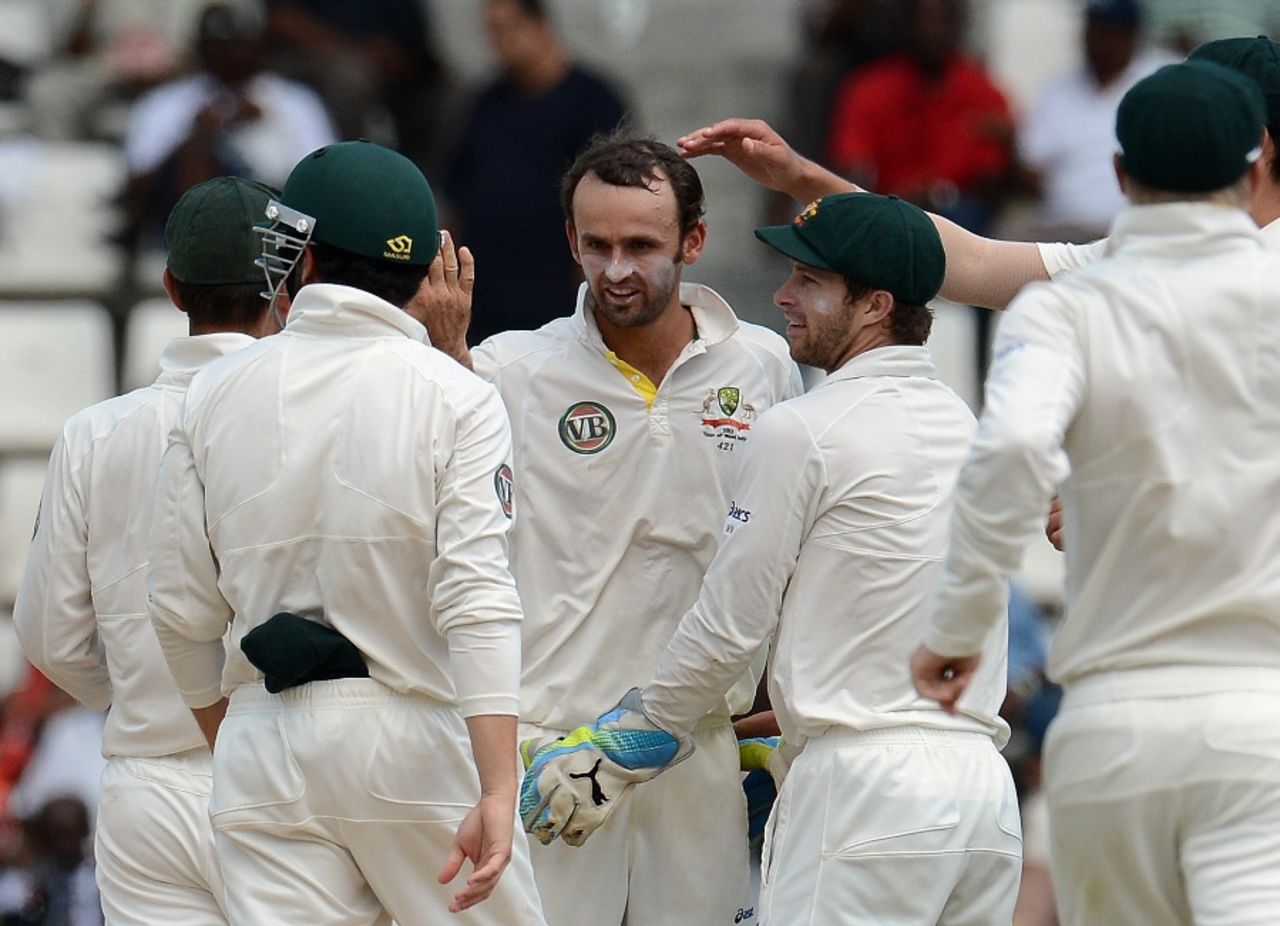 Nathan Lyon is congratulated on a wicket, West Indies v Australia, 3rd Test, Roseau, 2nd day, April 24, 2012