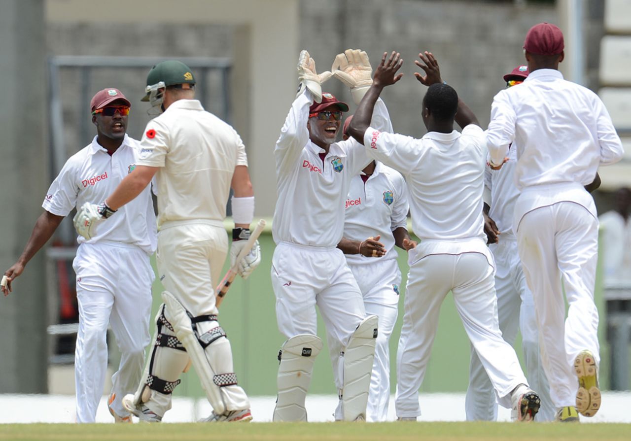 West Indies celebrate the fall of David Warner, West Indies v Australia, 3rd Test, Roseau, 3rd day, April 25, 2012