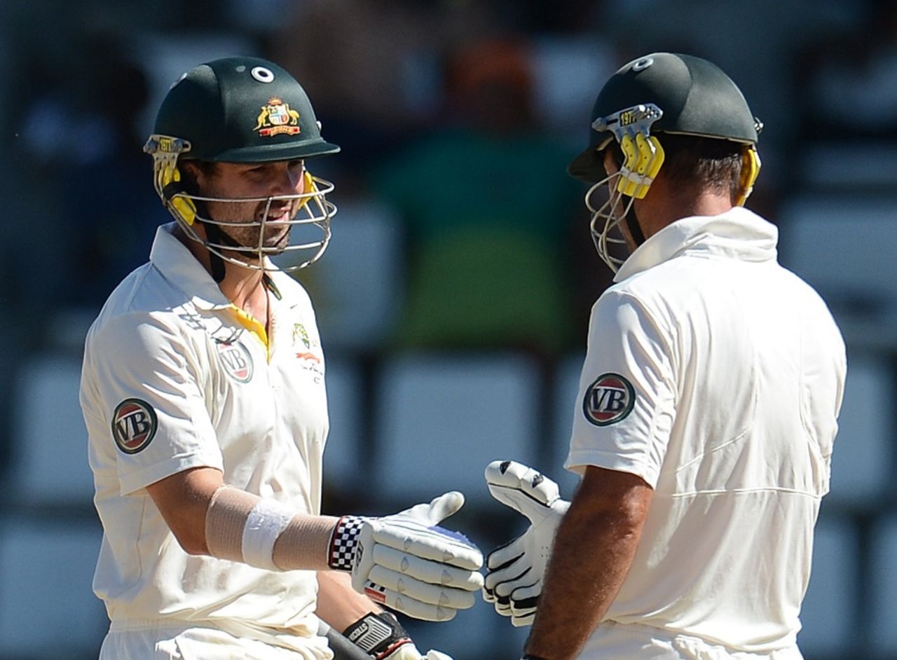 Ricky Ponting congratulates Ed Cowan on his half-century, West Indies v Australia, 3rd Test, Roseau, 3rd day, April 25, 2012