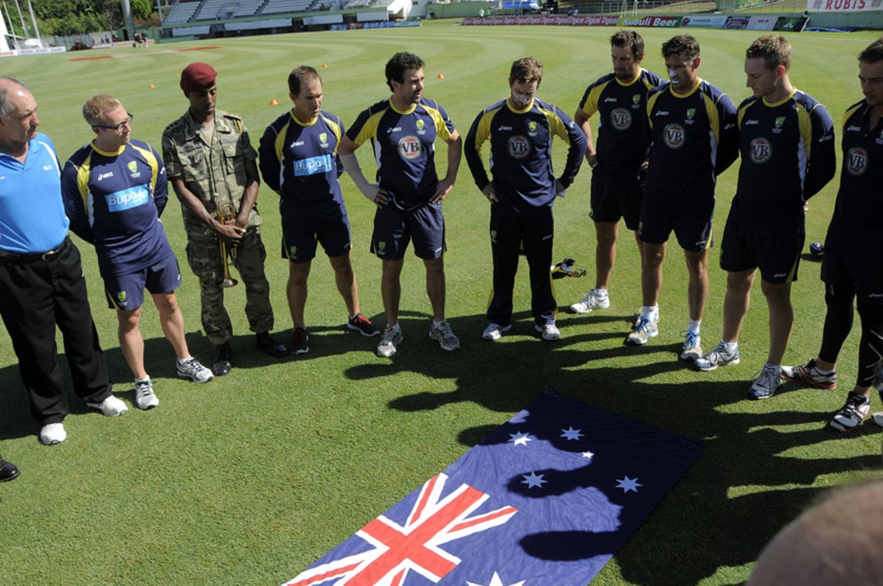 Ed Cowan addresses his team-mates at Australia's Anzac Day ceremony, West Indies v Australia, 3rd Test, Roseau, 3rd day, April 25, 2012