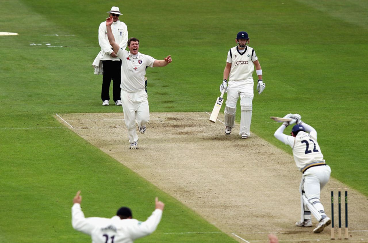 Joe Sayers is dismissed by Matt Coles, Kent v Yorkshire, County Championship, Division One, Canterbury, April 26, 2012