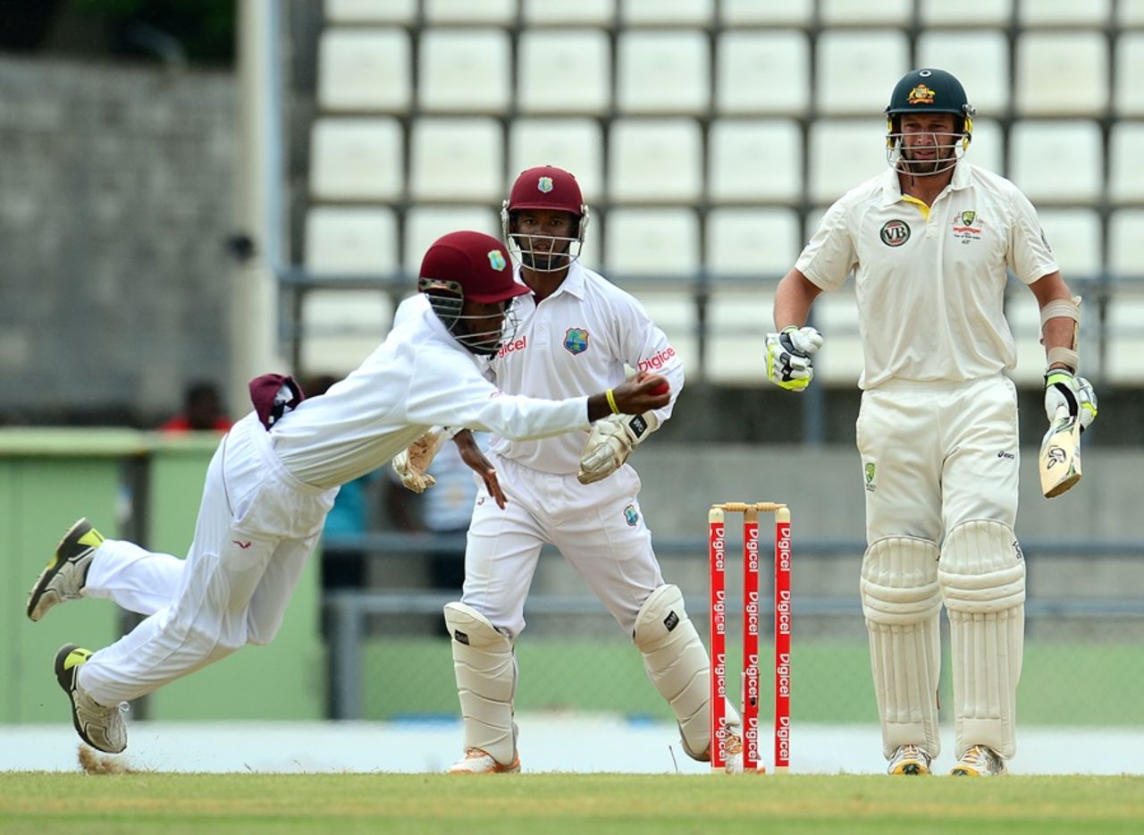 Kraigg Brathwaite takes a sharp catch at silly point, West Indies v Australia, 3rd Test, Roseau, 4th day, April 26, 2012