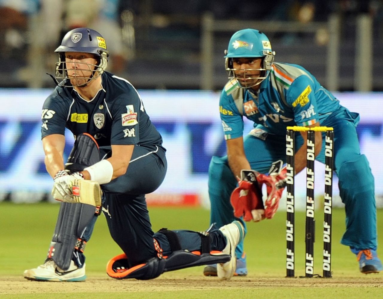 Cameron White prepares to sweep, Pune Warriors v Deccan Chargers, IPL, Pune, April 26, 2012