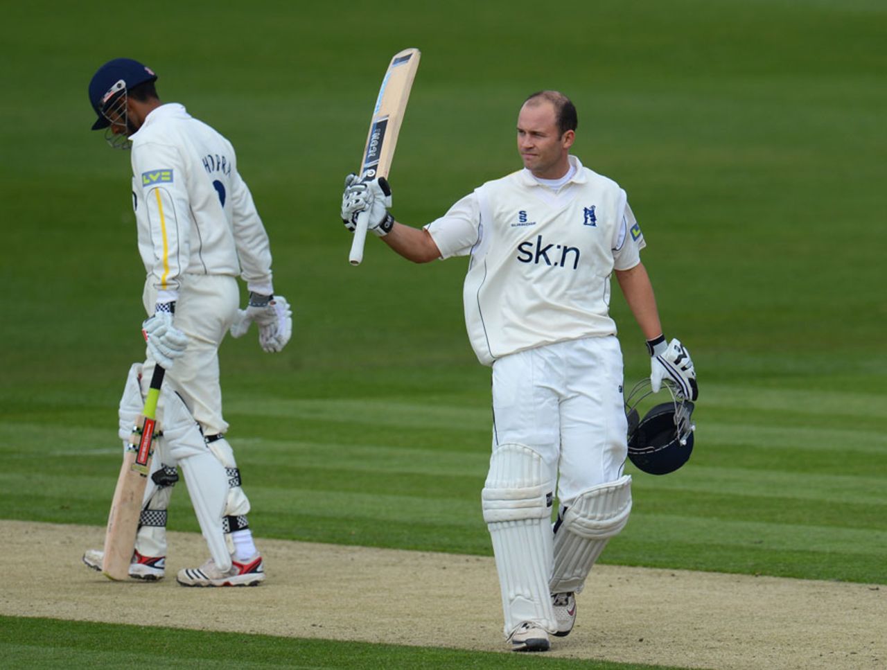 Jonathan Trott acknowledges reaching his century, Sussex v Warwickshire, County Championship, Division One, Hove, April 26, 2012