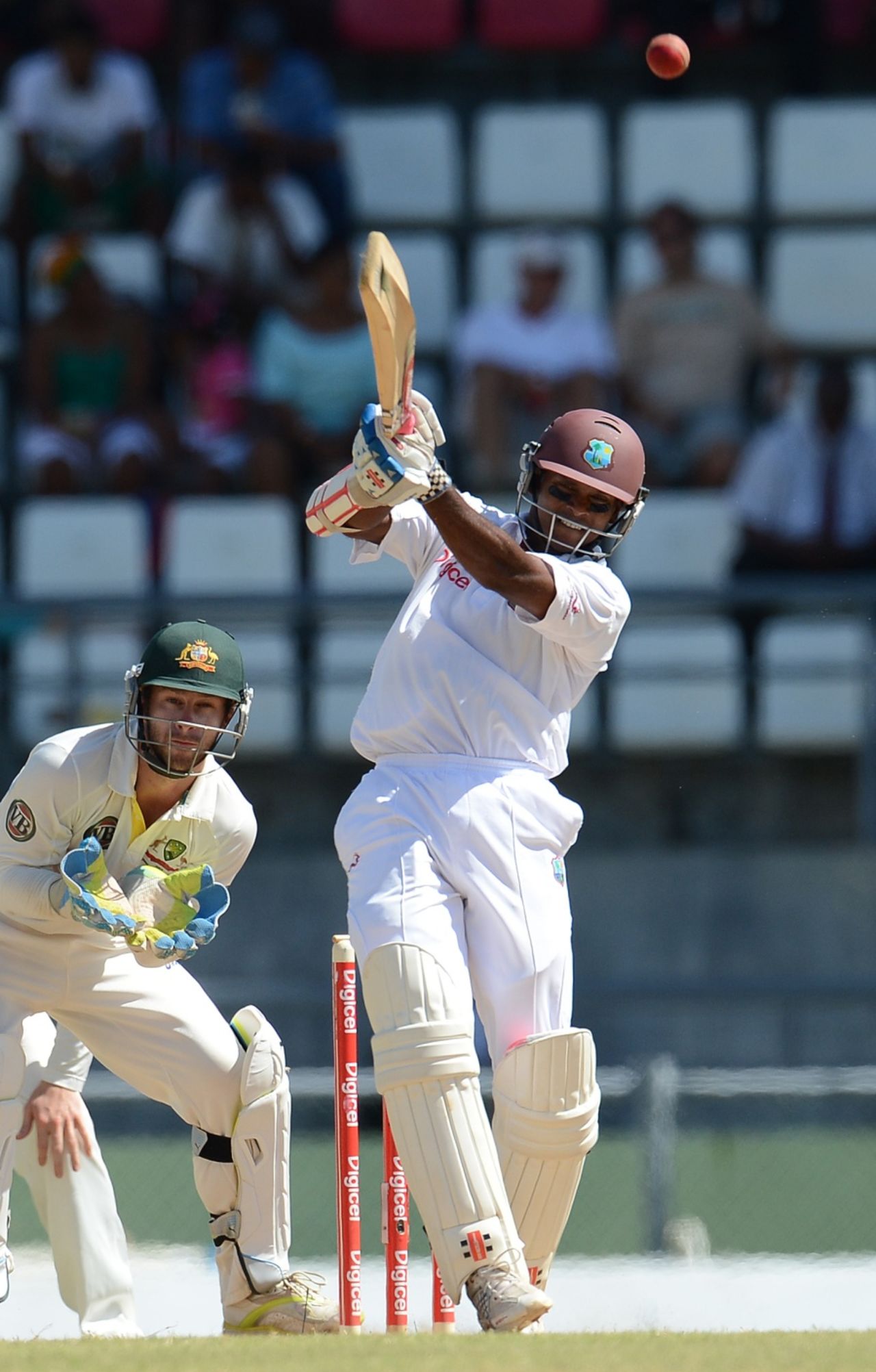 Shivnarine Chanderpaul drives down the ground and in the air, West Indies v Australia, 3rd Test, Roseau, 4th day, April 26, 2012