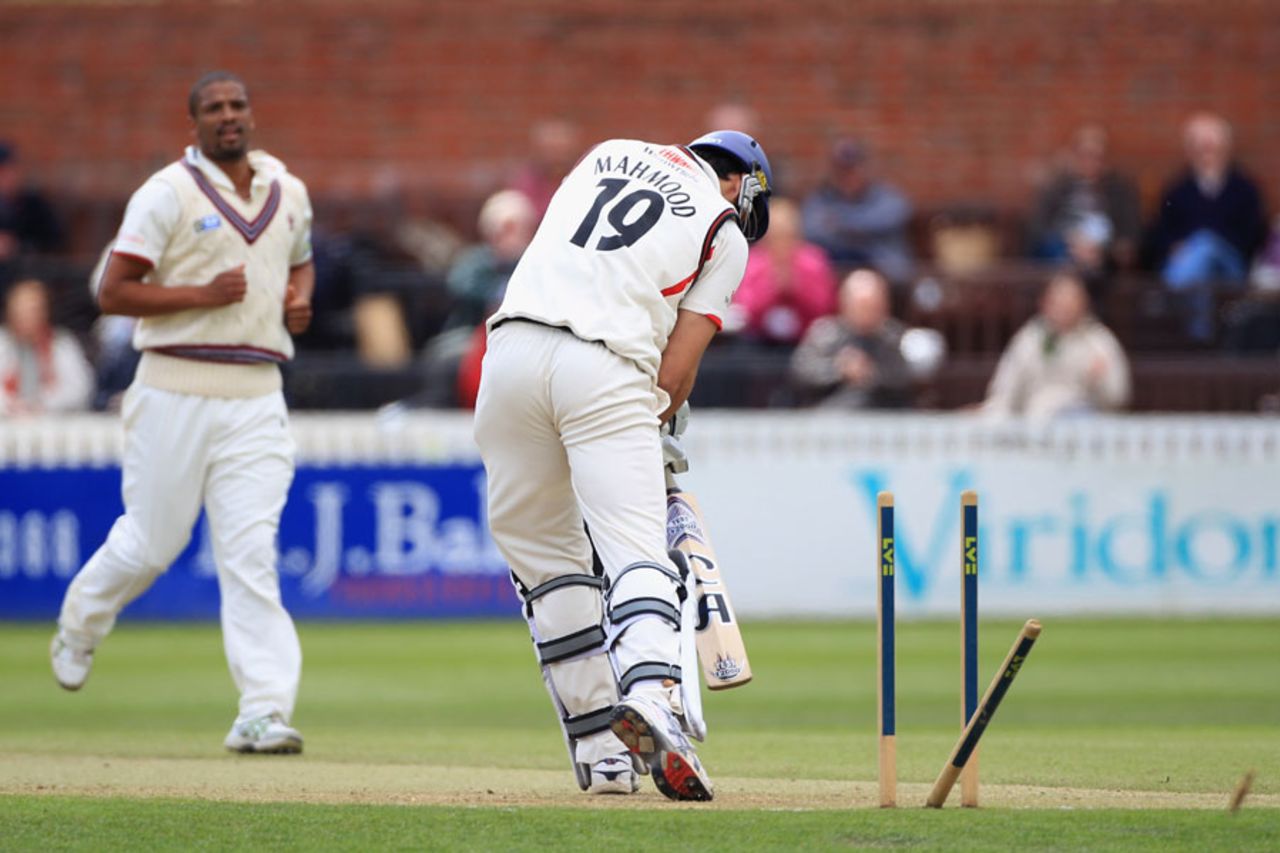 Saj Mahmood is bowled by Vernon Philander, County Championship, Division One, Taunton, 2nd day, April 26, 2012