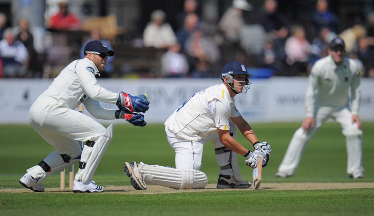 Jonathan Trott plays into the off side as Matt Prior looks on, Sussex v Warwickshire, County Championship, Division One, Hove, 2nd day, April 26, 2012