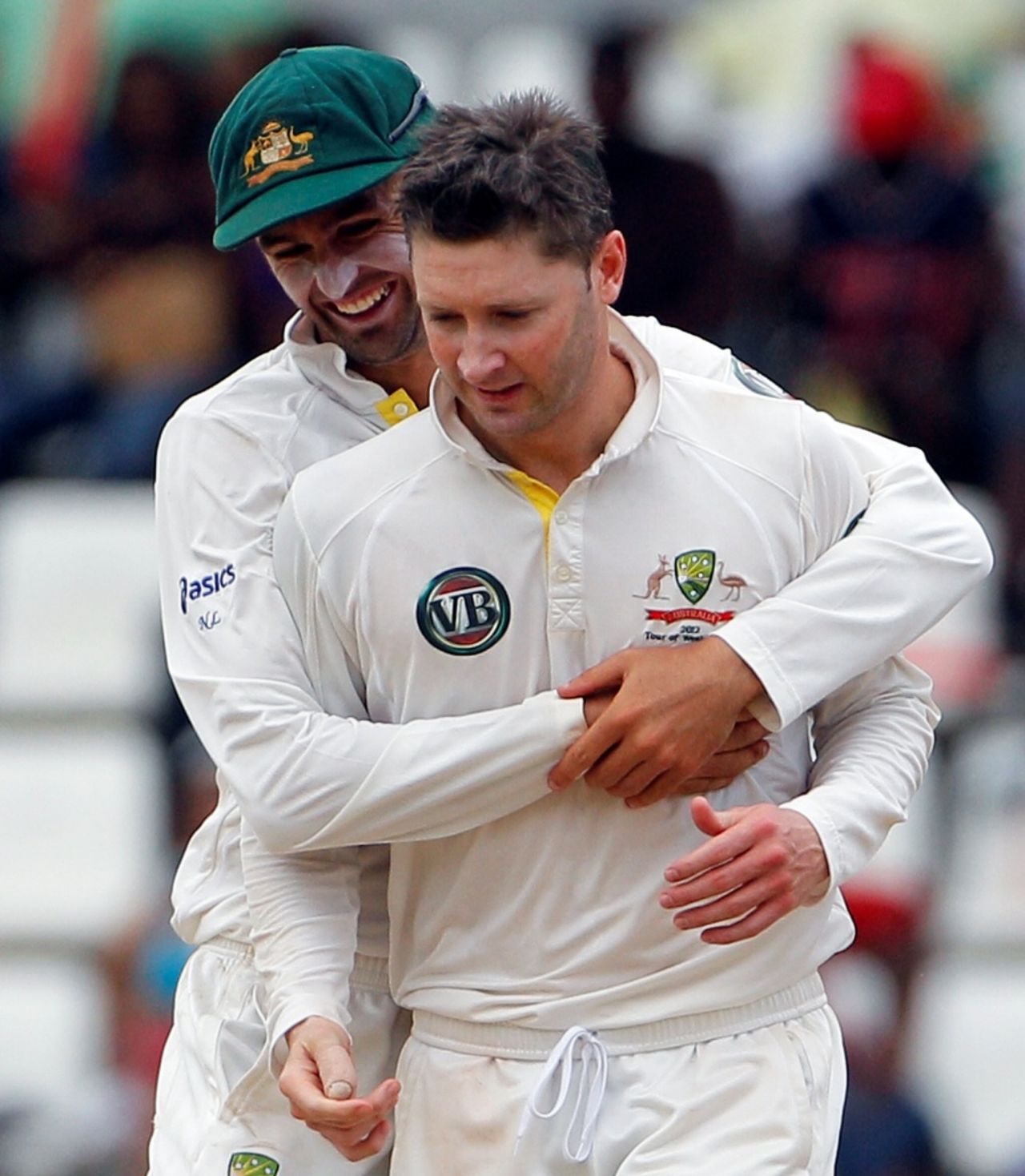 Nathan Lyon and Michael Clarke celebrate a wicket, West Indies v Australia, 3rd Test, Roseau, 5th day, April 27, 2012