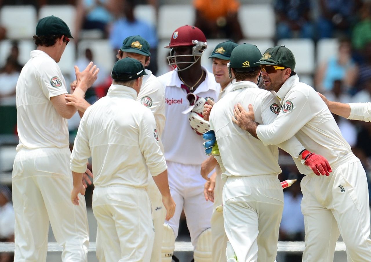 The Australians celebrate after completing their victory, West Indies v Australia, 3rd Test, Roseau, 5th day, April 27, 2012