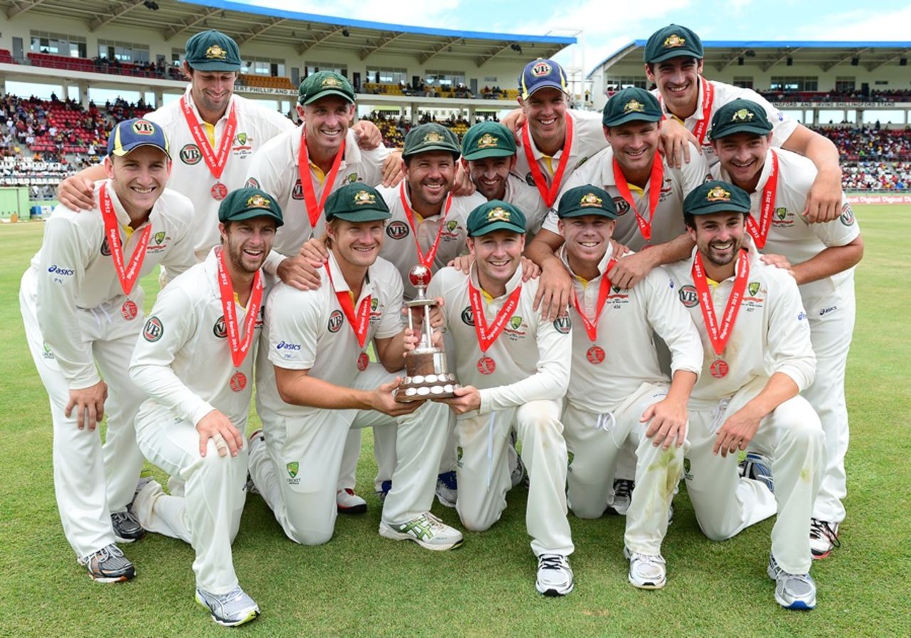 The Australian squad celebrates after winning the series 2-0, West Indies v Australia, 3rd Test, Roseau, 5th day, April 27, 2012