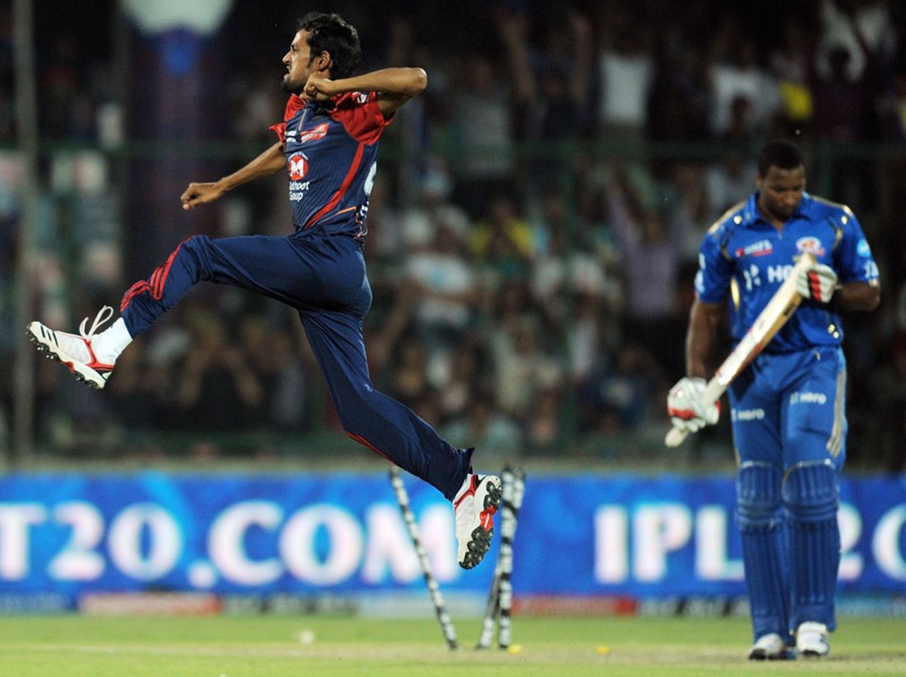 Shahbaz Nadeem jumps for joy after dismissing Kieron Pollard, Delhi Daredevils v Mumbai Indians, IPL, Delhi, April 27, 2012
