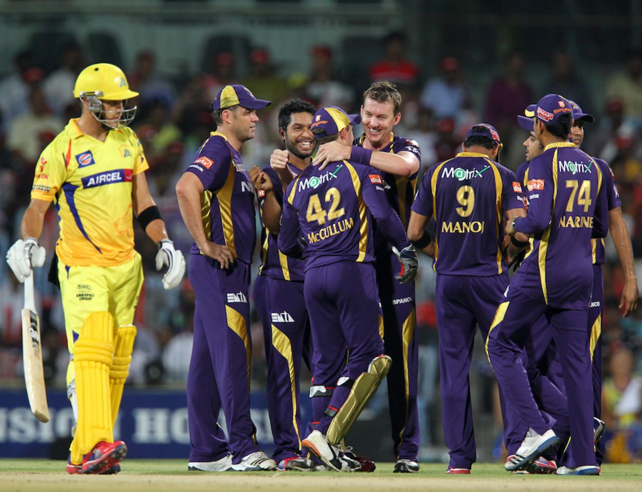 Brett Lee celebrates the wicket of Faf du Plessis, Chennai Super Kings v Kolkata Knight Riders, IPL 2012, Chennai, April 30, 2012