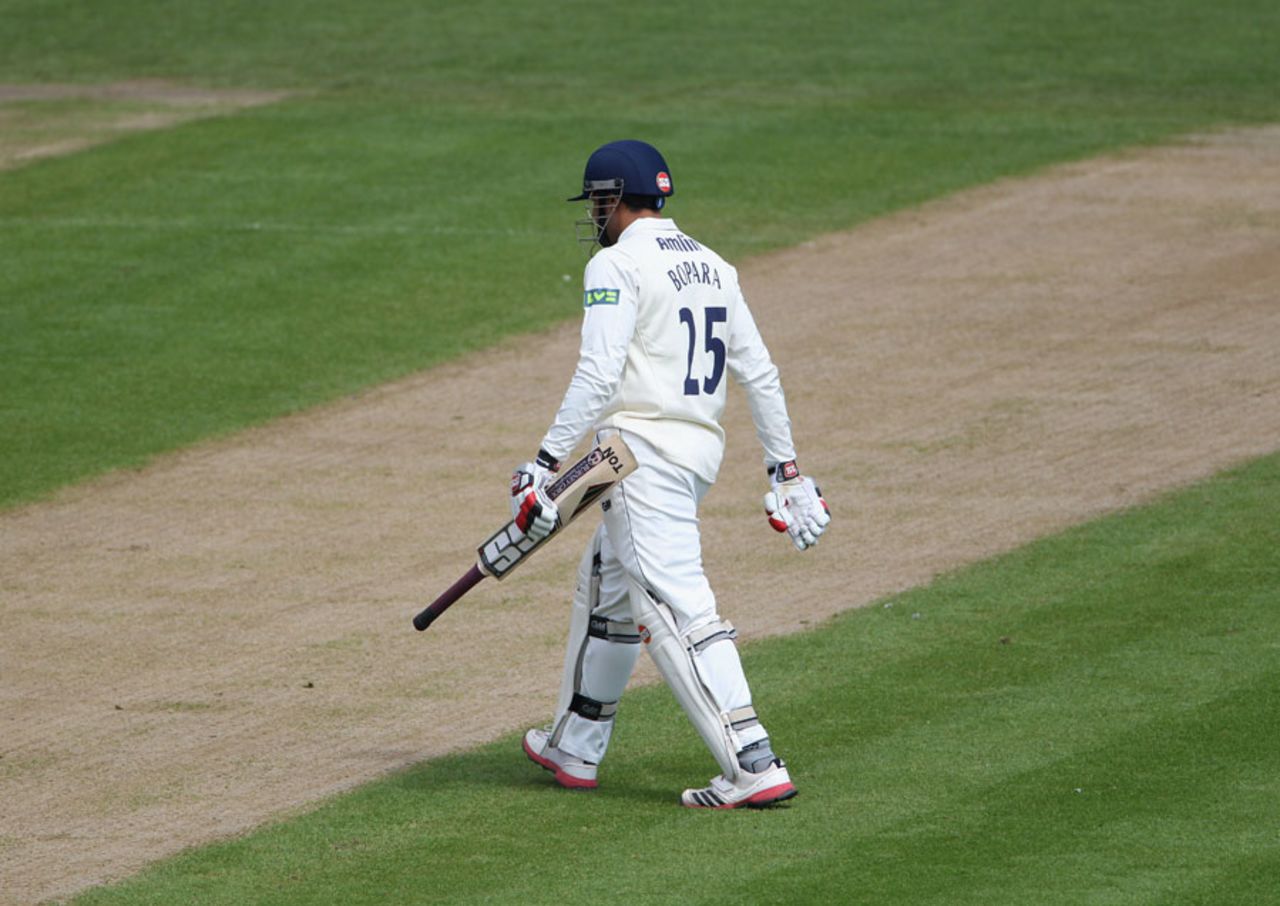 Ravi Bopara leaves the field after being dismissed for a duck, Glamorgan v Essex, County Championship, Division Two, Cardiff, 1st day, May 2, 2012