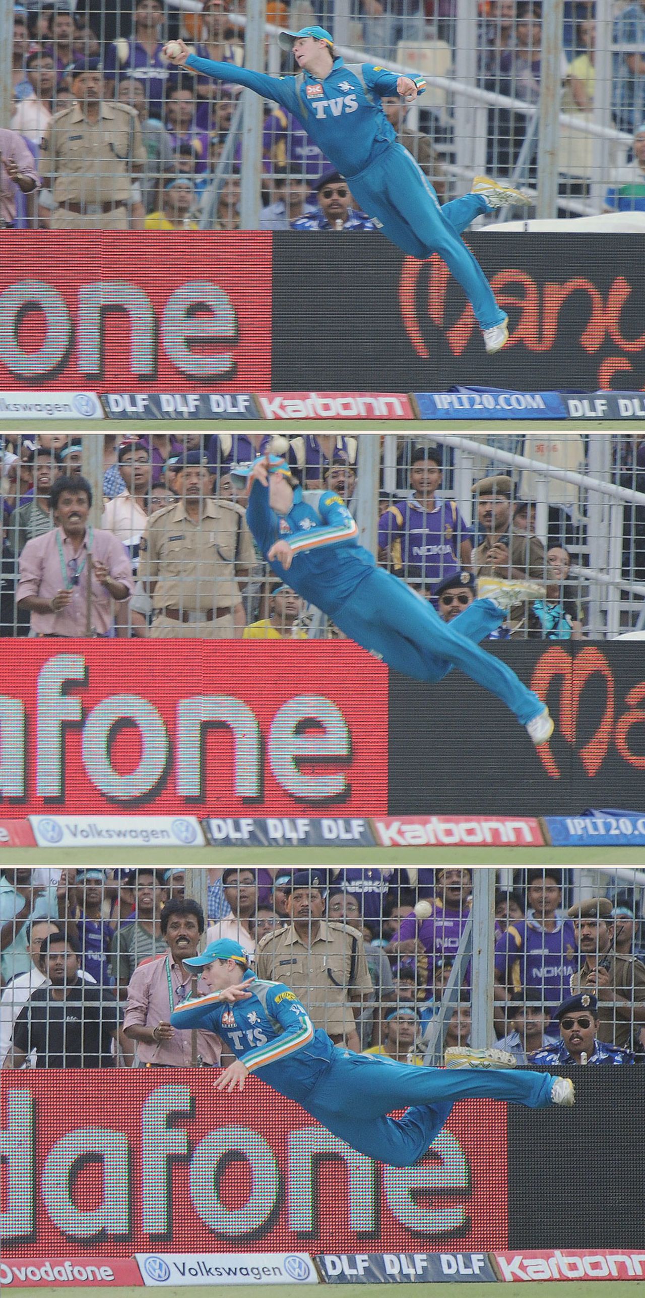 A composite shot of Steven Smith's spectacular save on the boundary, Kolkata Knight Riders v Pune Warriors, IPL, Kolkata, May 5, 2012