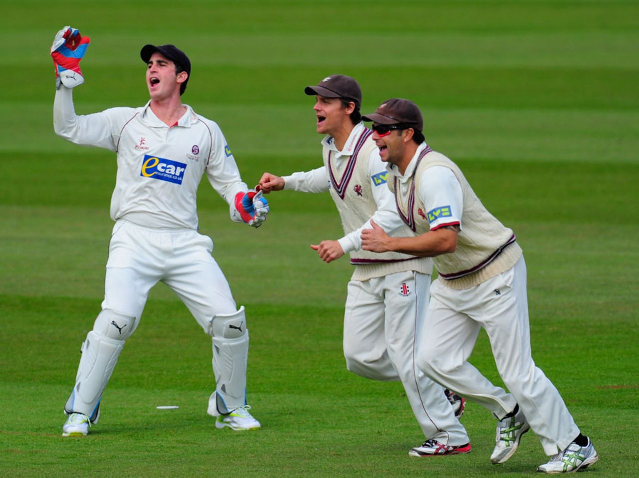 Craig Kieswetter celebrates after claiming a catch to dismiss Michael di Venuto, Durham v Somerset, County Championship, Division One, 1st day, Chester-le-Street, May 9, 2012
