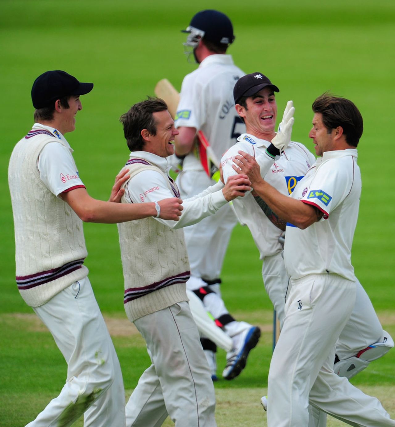 Peter Trego celebrates with his team-mates after dismissing Paul Collingwood, Durham v Somerset, County Championship, Division One, 1st day, Chester-le-Street, May 9, 2012