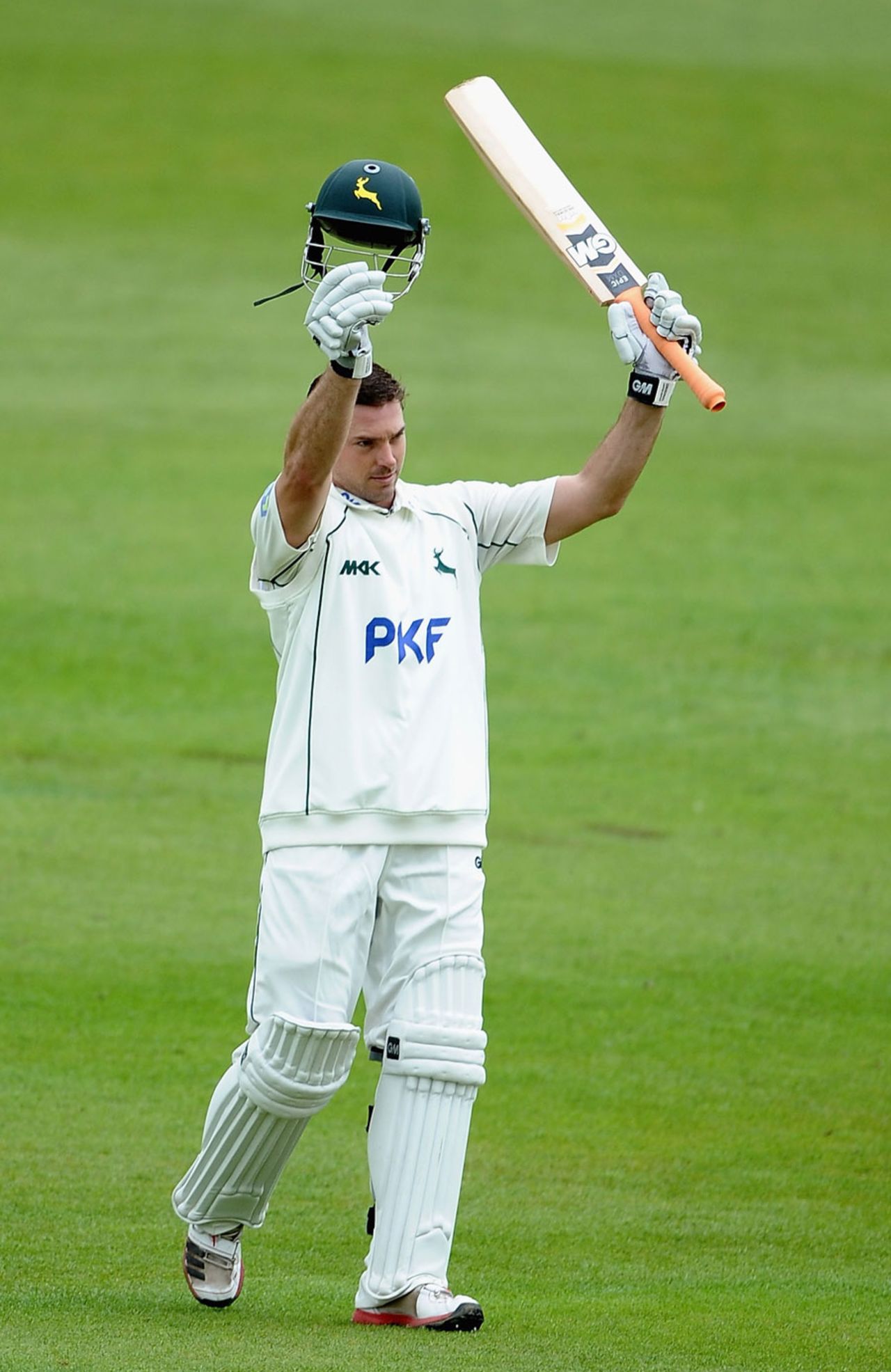Michael Lumb celebrates reaching his century, Nottinghamshire v Middlesex, County Championship, Division One, 2nd day, Trent Bridge, May 10, 2012