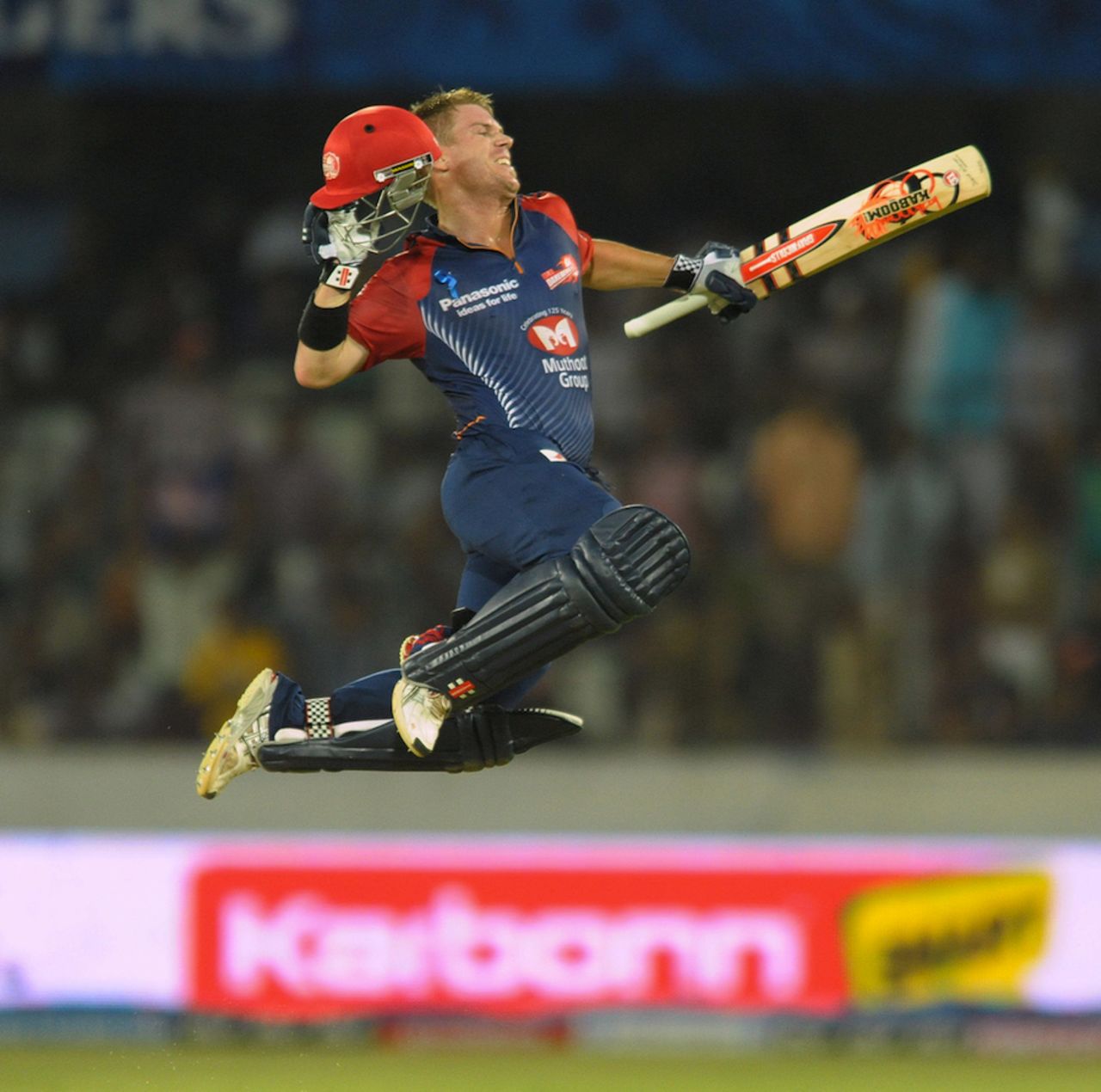 David Warner leaps in the air after scoring his second century in IPL, Deccan Chargers v Delhi Daredevils, IPL, Hyderabad, May 10, 2012