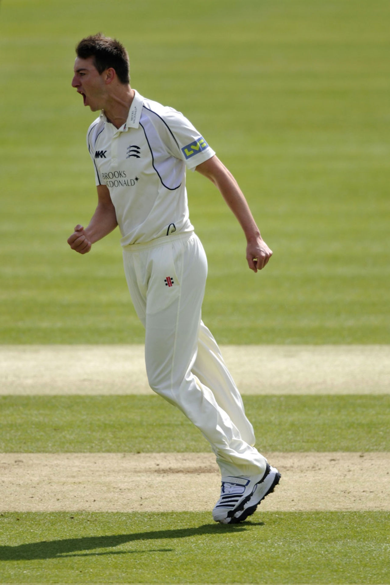 Toby Roland-Jones celebrates a wicket, Middlesex v Surrey, County Championship, Division One, April 12-15, 2012