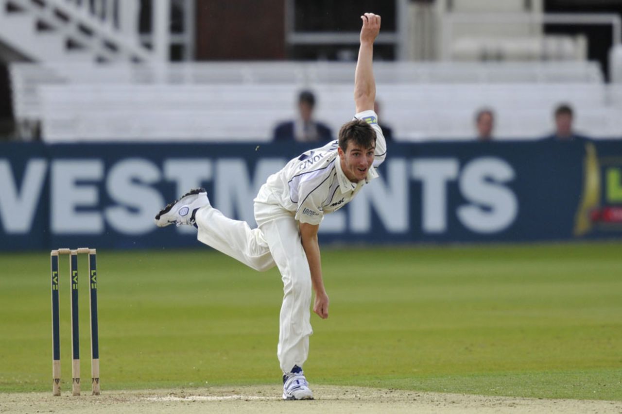 Toby Roland-Jones in his follow-through, Middlesex v Durham, County Championship, Division One, April 19-22, 2012