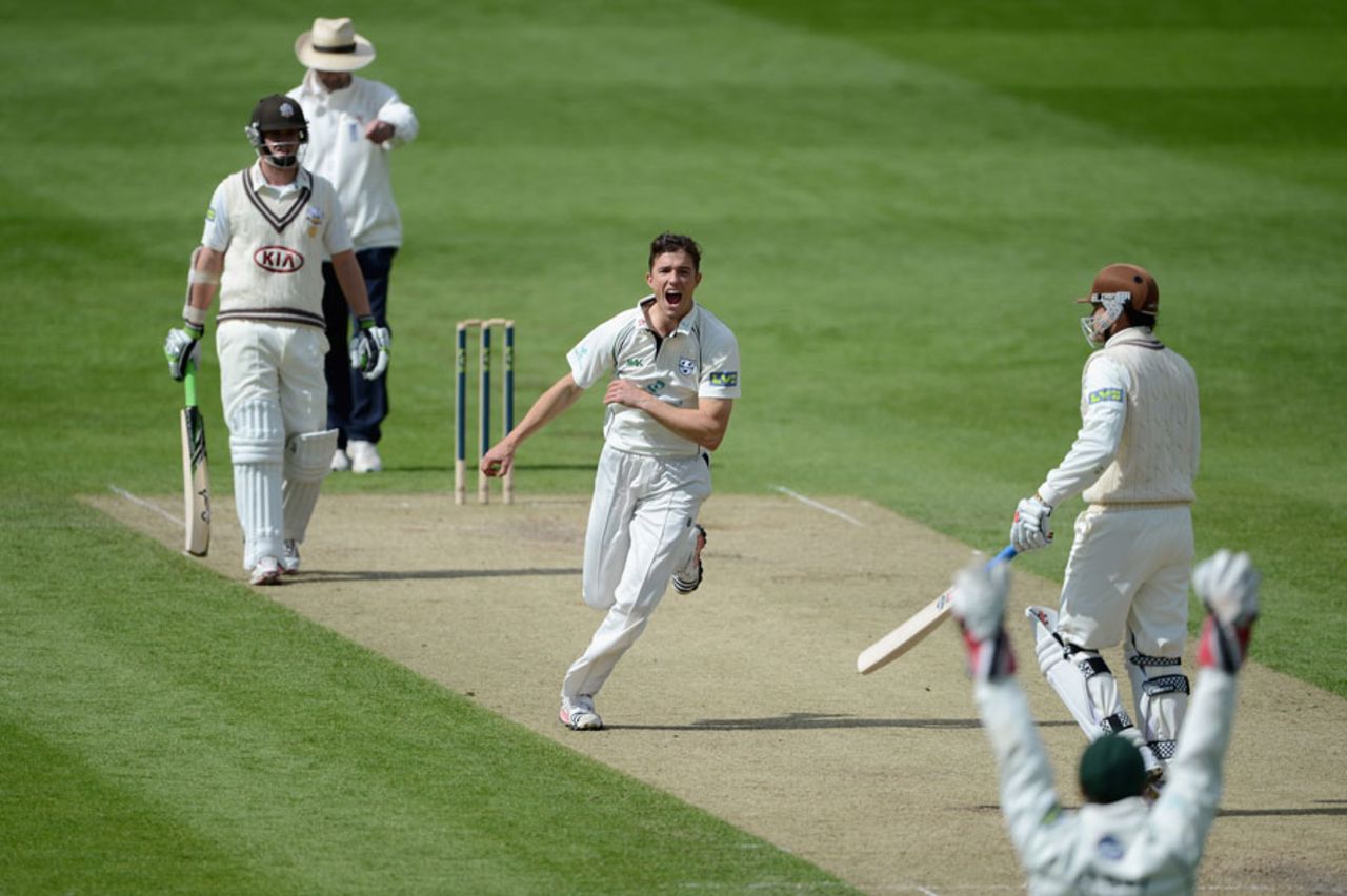 Richard Jones celebrates after dismissing Mark Ramprakash for a pair, Worcestershire v Surrey, County Championship, Division One, 3rd day, New Road, May 11, 2012
