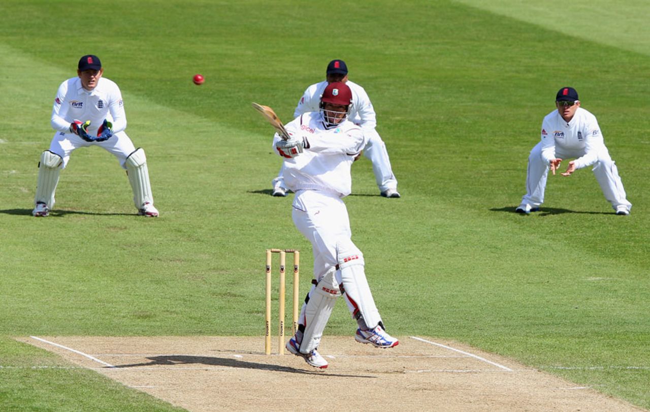Kieran Powell plays a pull shot on his way to a half-century during the morning session, England Lions v West Indians, Tour Match, 3rd day, Northampton, May 12, 2012