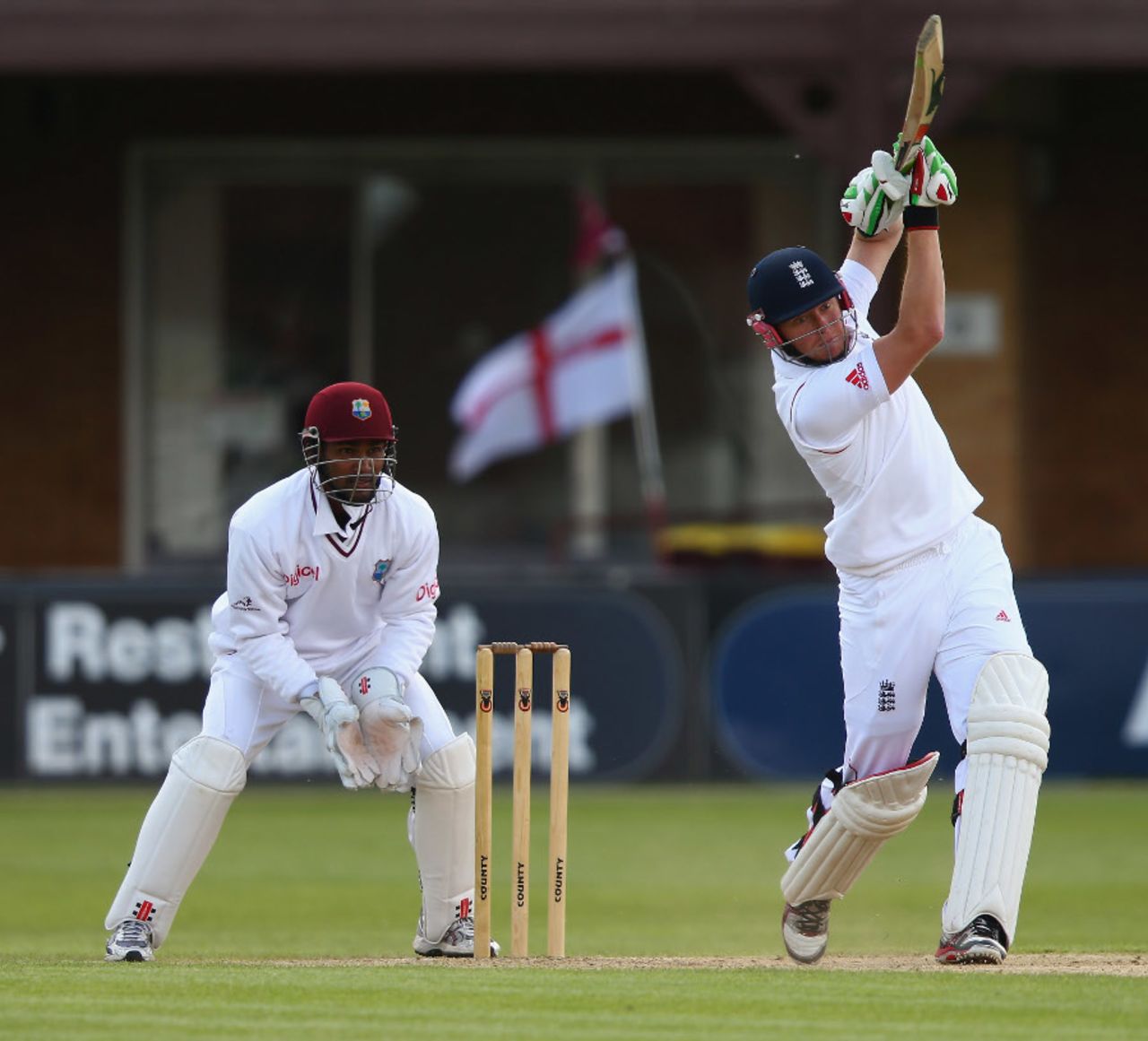 Jonny Bairstow drives down the ground, England Lions v West Indians, Northampton, Tour Match, 2nd day, May 11, 2012