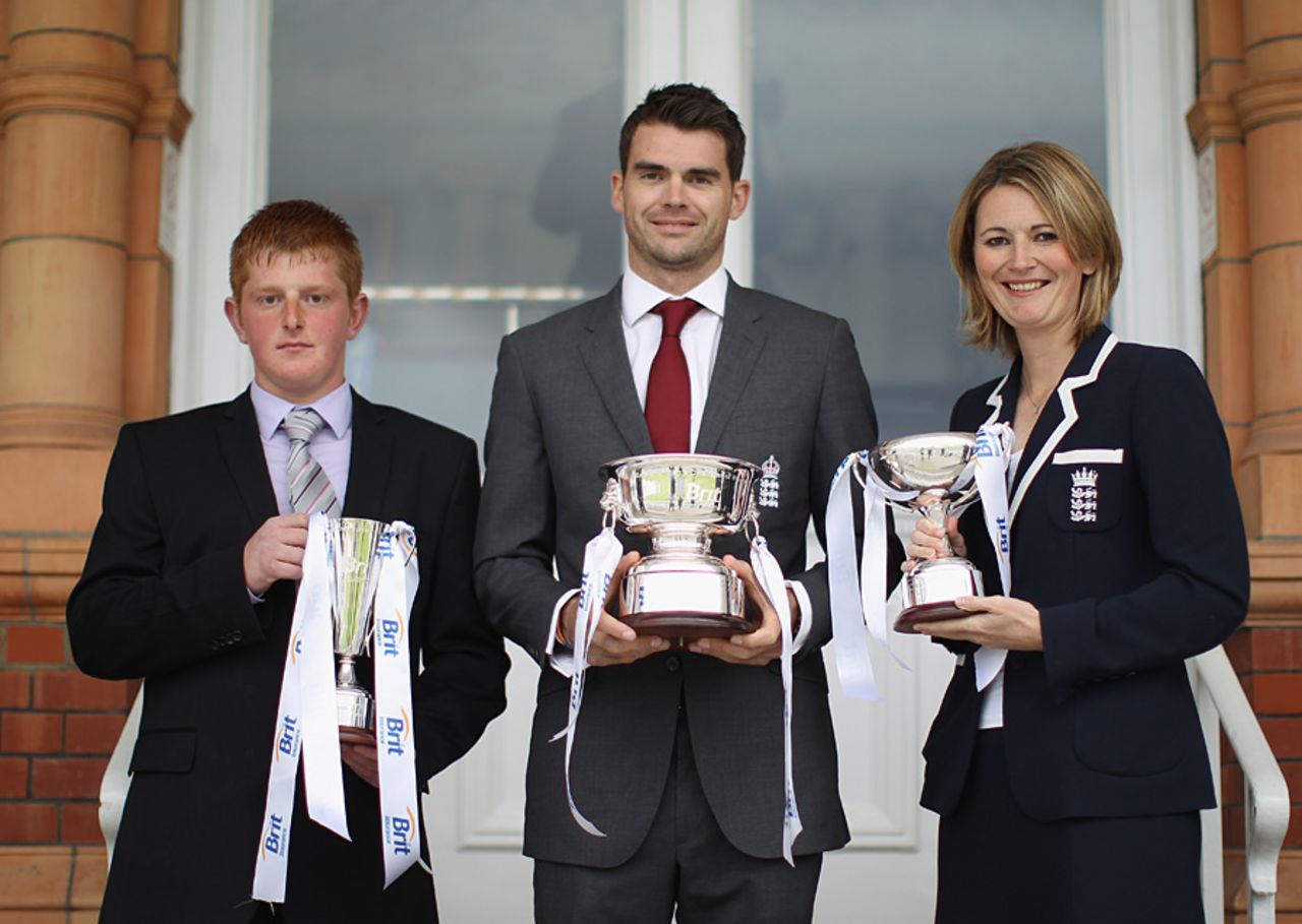 James Anderson, Charlotte Edwards, and Callum Rigby (Disability Cricketer of the Year) with their Player of the Year awards, Lord's, May 14, 2012