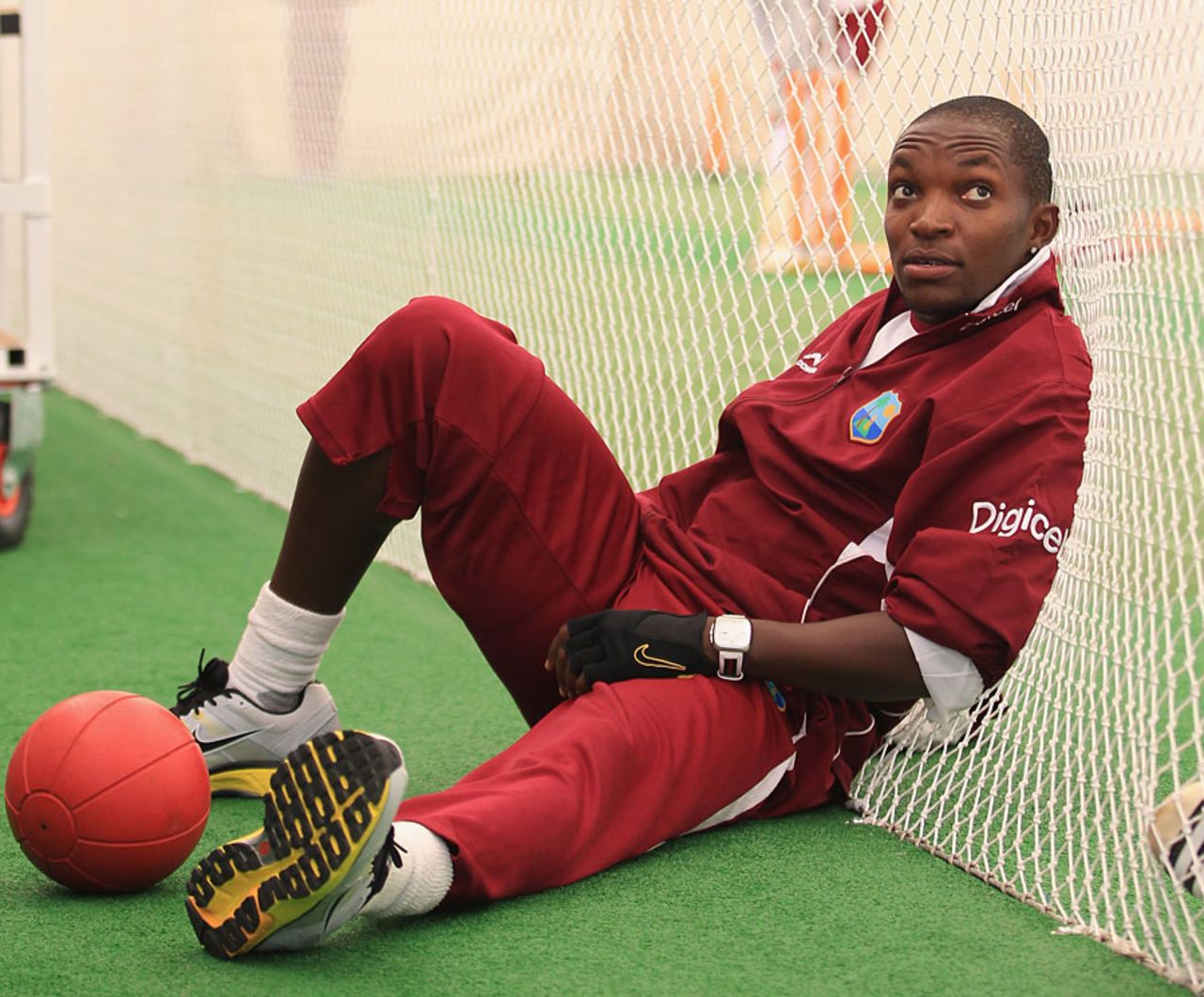 Fidel Edwards has a quiet moment during indoor training, Lord's, May 15, 2012