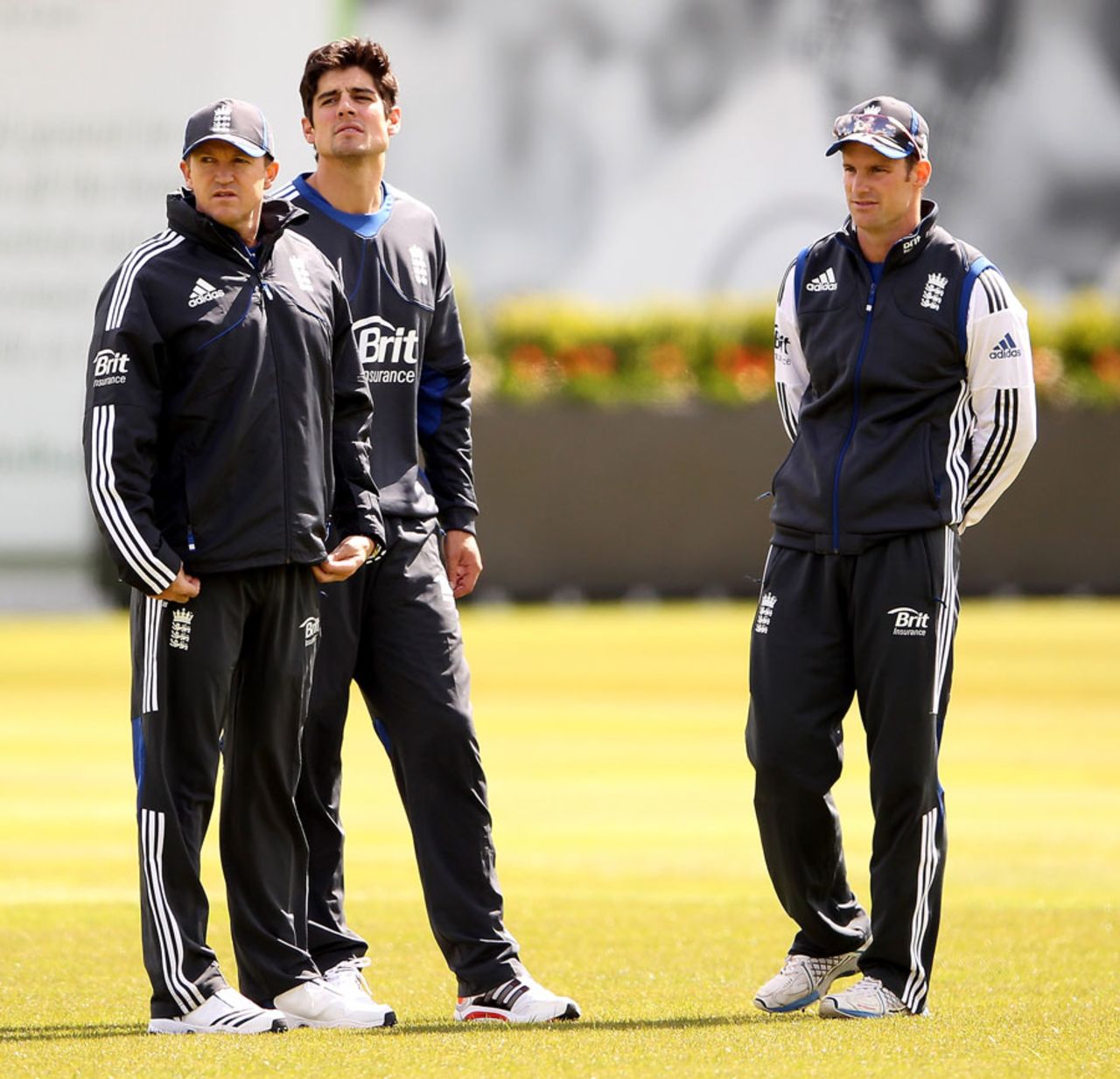 Andy Flower, Alastair Cook and Andrew Strauss look on during England practice, Lord's, May 16, 2012