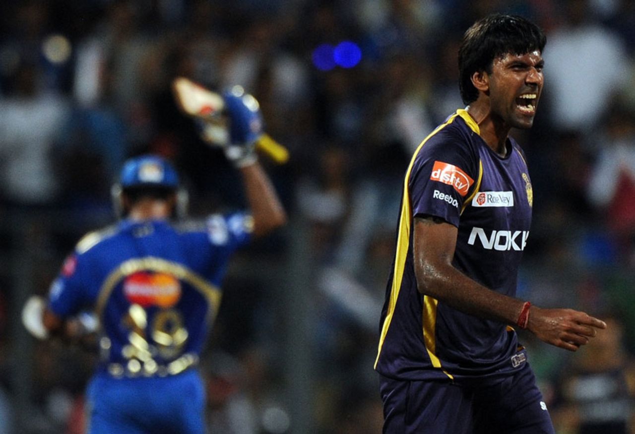 L Balaji reacts after dismissing Dinesh Karthik, Mumbai Indians v Kolkata Knight Riders, IPL, Mumbai, May 16, 2012