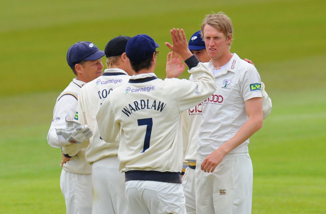 Steven Patterson celebrates a wicket with his team-mates, Yorkshire v Hampshire, County Championship, Division Two, 2nd day, Headingley, May 17, 2012
