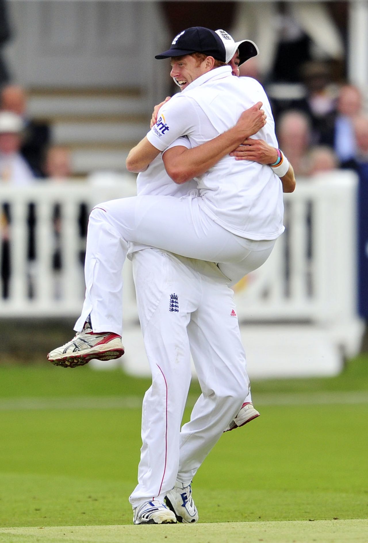 Jonny Bairstow celebrates his run-out in the arms of Stuart Broad, England v West Indies, 1st Test, Lord's, 3rd day, May 19, 2012