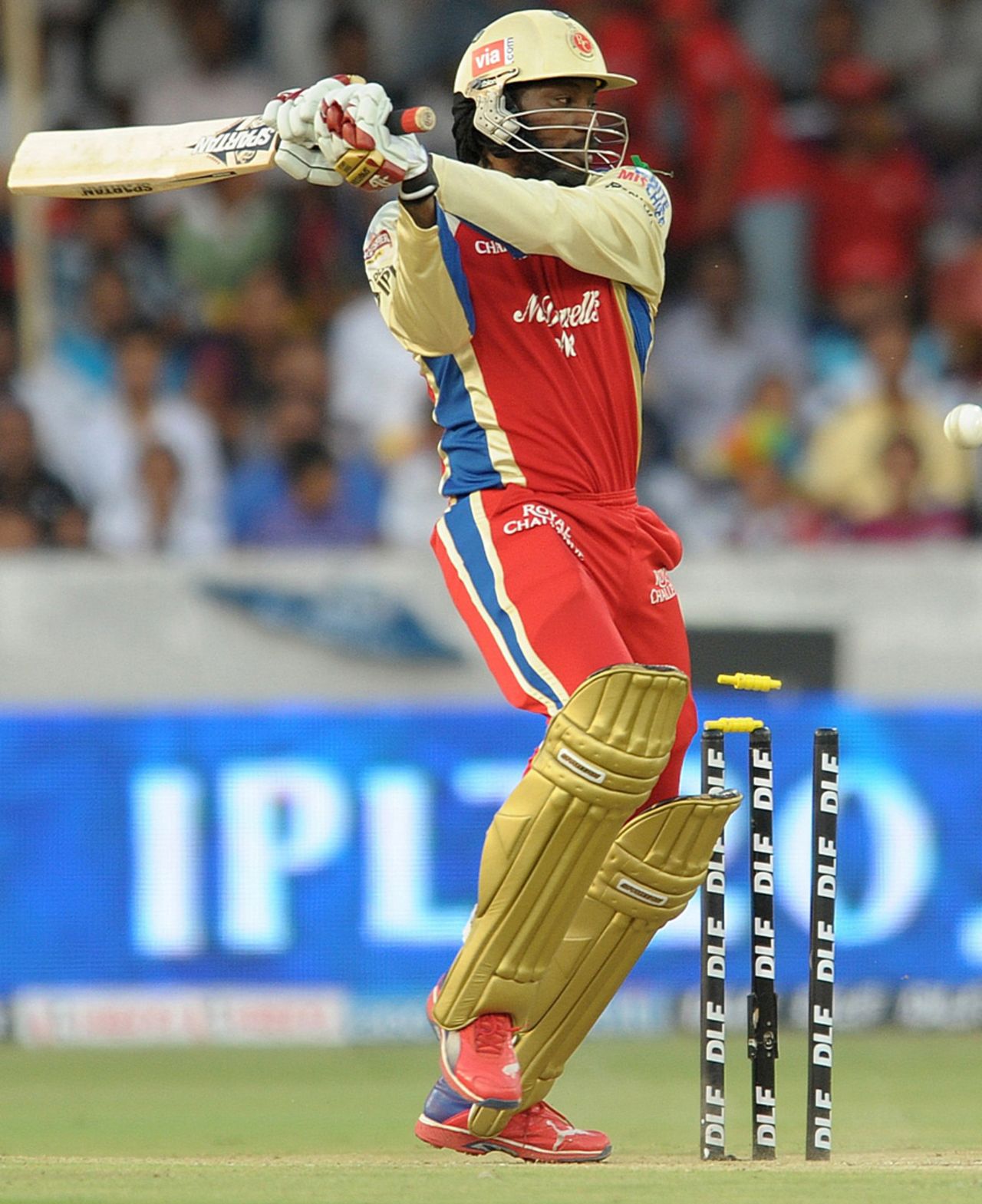 Chris Gayle is bowled by Dale Steyn, Deccan Chargers v Royal Challengers Bangalore, IPL, Hyderabad, May 20, 2012