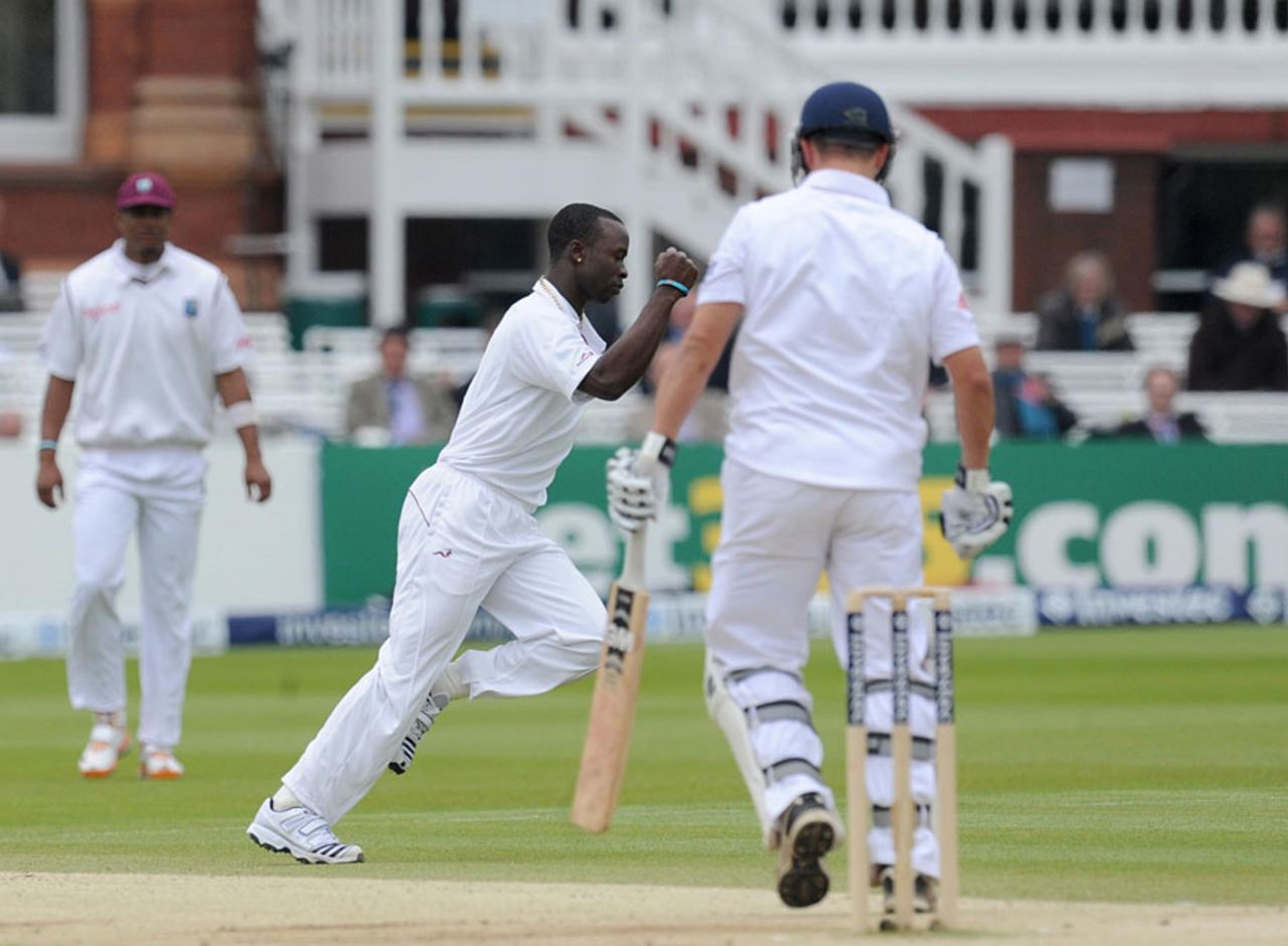 Jonathan Trott edged to slip off Kemar Roach, England v West Indies, 1st Test, Lord's, 5th day, May 21, 2012
