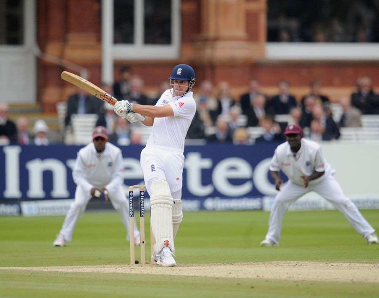 Alastair Cook cracks away a strong pull shot, England v West Indies, 1st Test, Lord's, 5th day, May 21, 2012