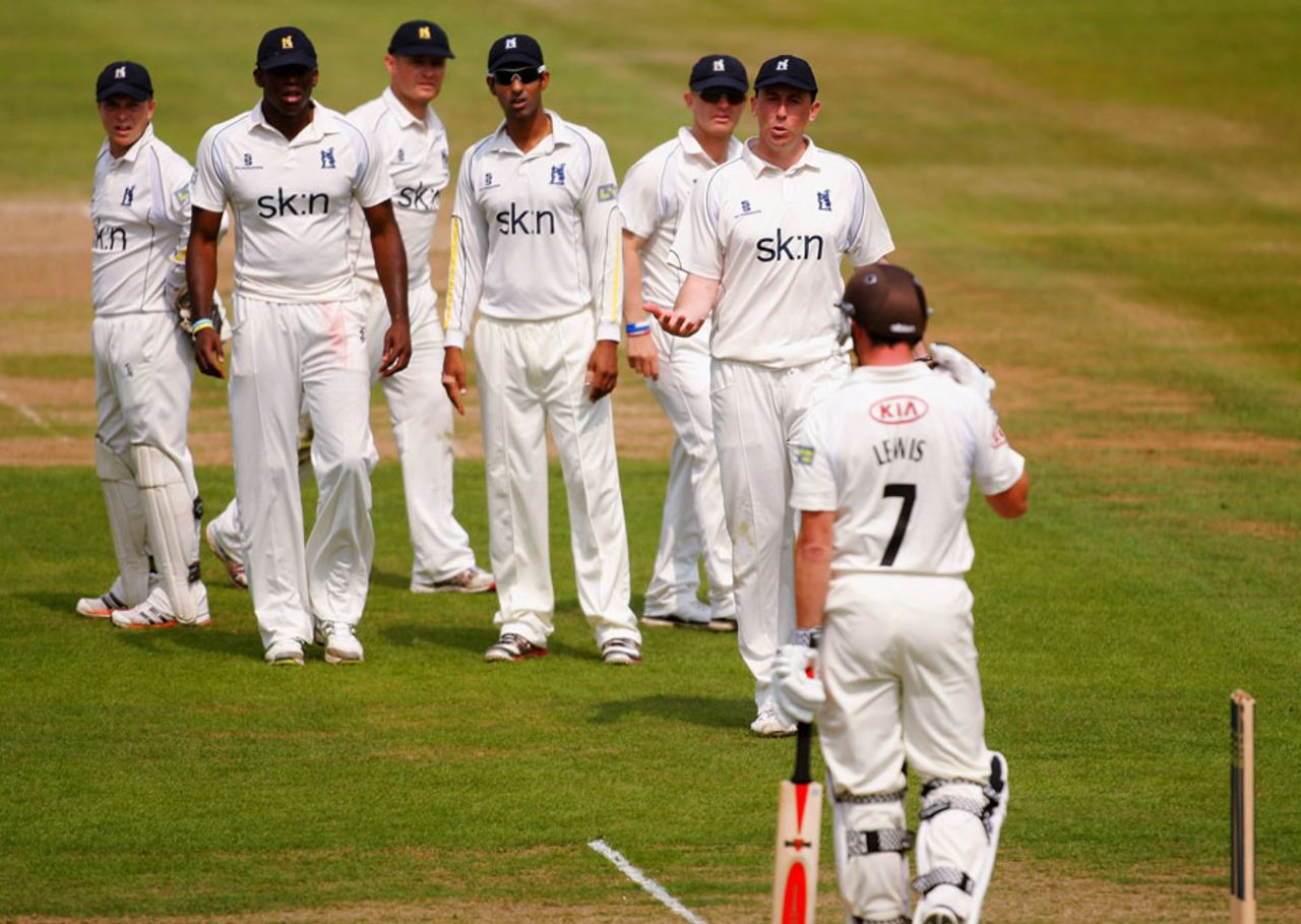 There was confusion as Warwickshire appealed for Jon Lewis' wicket, Surrey v Warwickshire, The Oval, May, 23, 2012