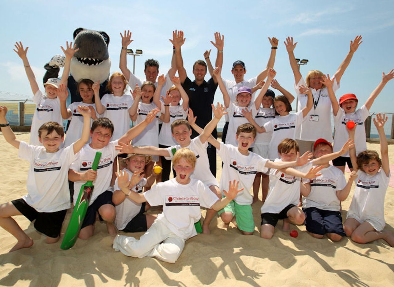 Sussex batsman Chris Nash joined schoolchildren at the Yellowave Beach venue on Brighton seafront as thousands of schoolchildren marked Brit Insurance National Cricket Day, Brighton, May 23, 2012
