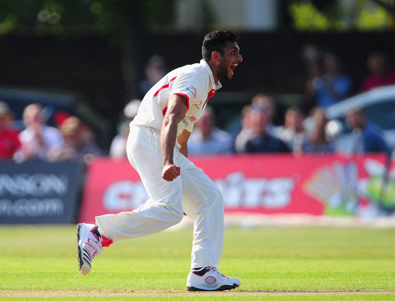 Ajmal Shahzad celebrates one of his important wickets, Lancashire v Middlesex, County Championship, Division One, Aigburth, May 24, 2012