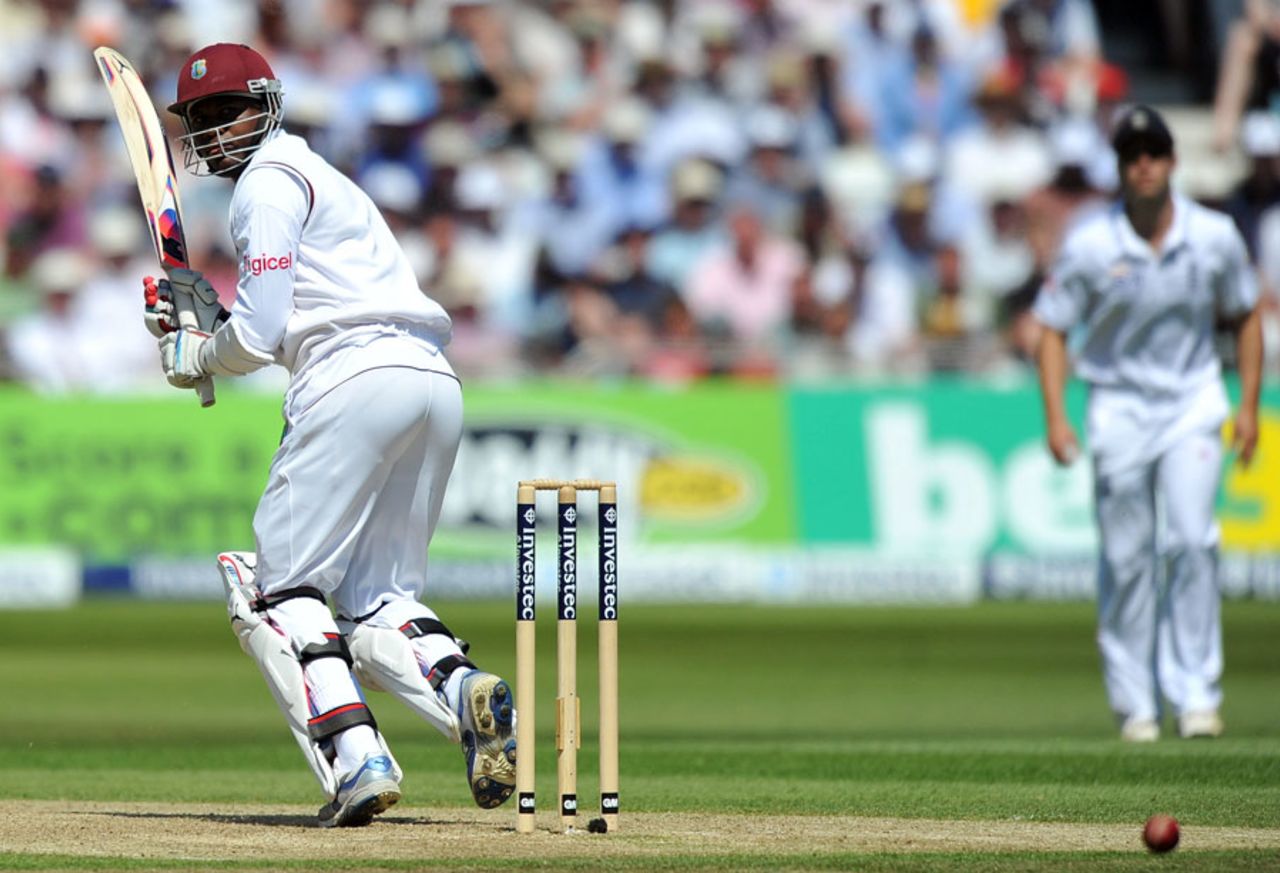Marlon Samuels dug in to reach his half-century during the evening session, England v West Indies, 2nd Test, Trent Bridge, 1st day, May 25, 2012
