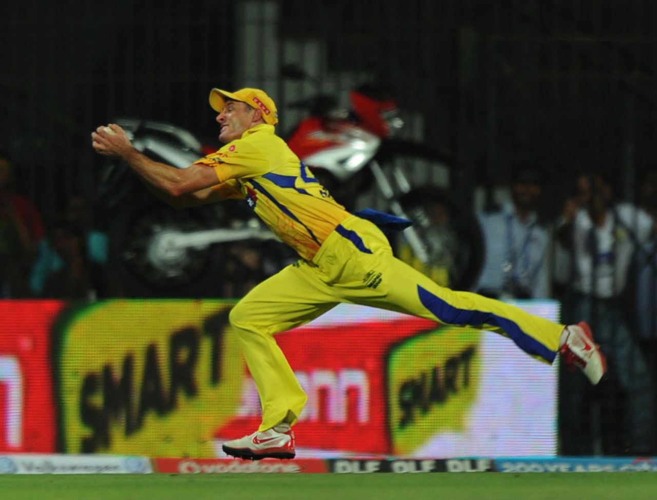 Michael Hussey completes the catch that sent back Virender Sehwag, Delhi Daredevils v Chennai Super Kings, 2nd eliminator, IPL 2012, Chennai, May 25, 2012